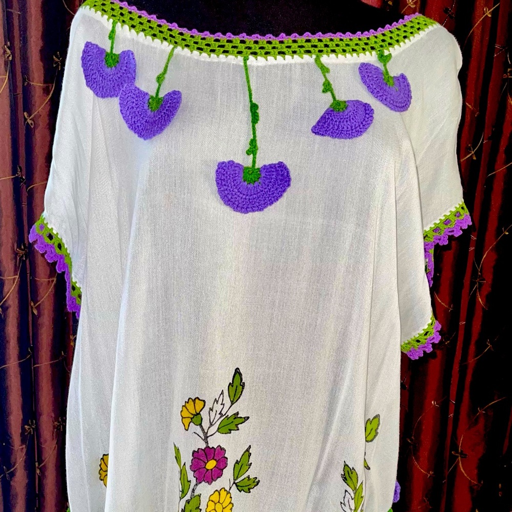 Organic Cotton Swimsuit Cover up Dress hand crochet in Purple & Grn. OS NNT